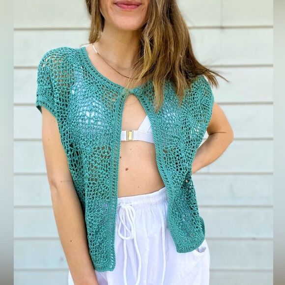 Tops - Y2K Teal Crochet Short Sleeve Cardigan Coverup Button Closure